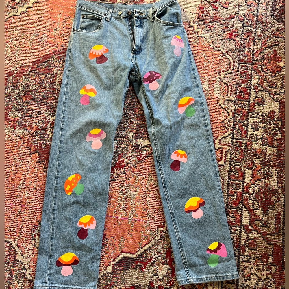 Hand painted mushroom wrangler jeans